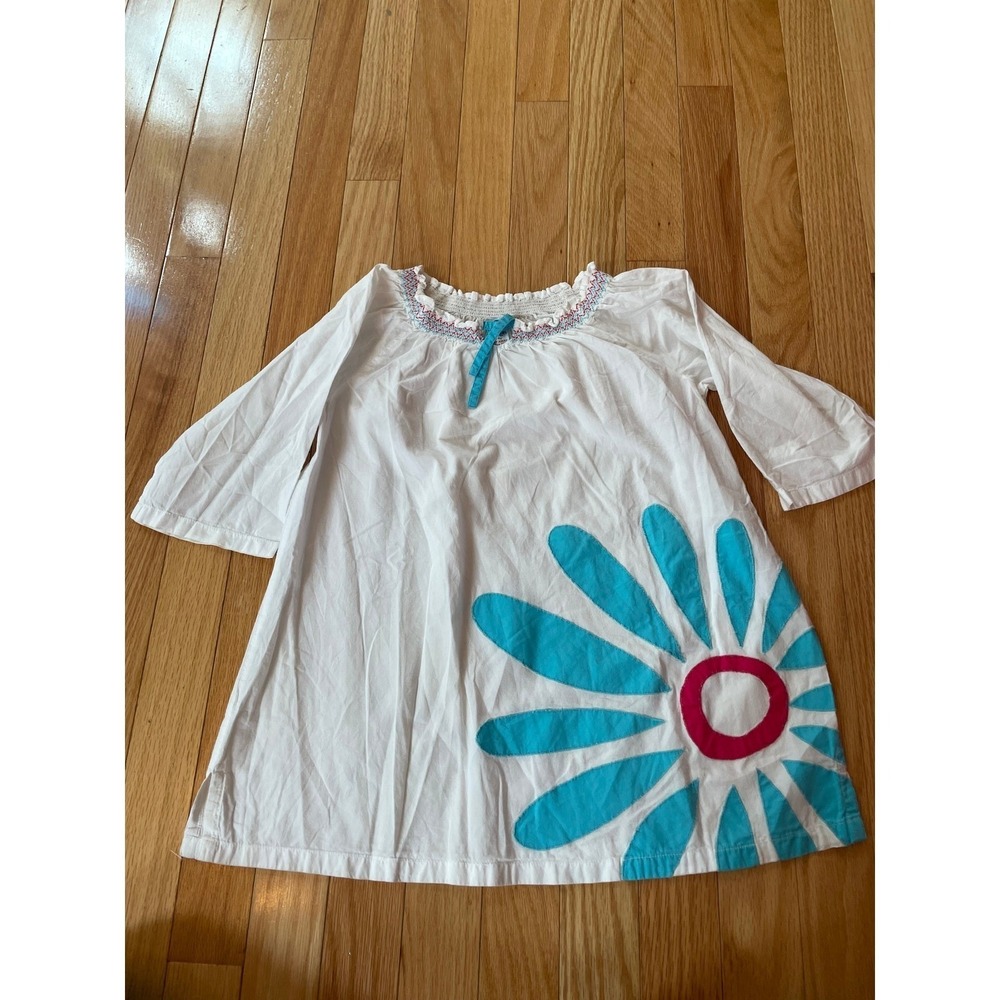 Mini Boden Floral Applique Dress, Appliqued Floral Smocked Neck Girls Size 5-6
